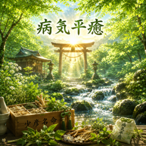 病気平癒の祈願を表す、清流と神域のイメージ